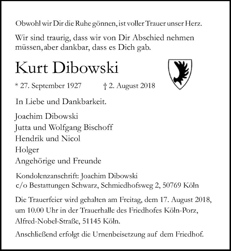  Traueranzeige für Kurt Dibowski vom 15.08.2018 aus  Kölner Wochenspiegel 