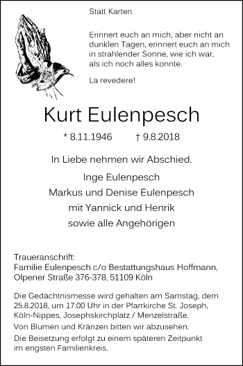 Anzeige von Kurt Eulenpesch von Kölner Stadt-Anzeiger / Kölnische Rundschau / Express