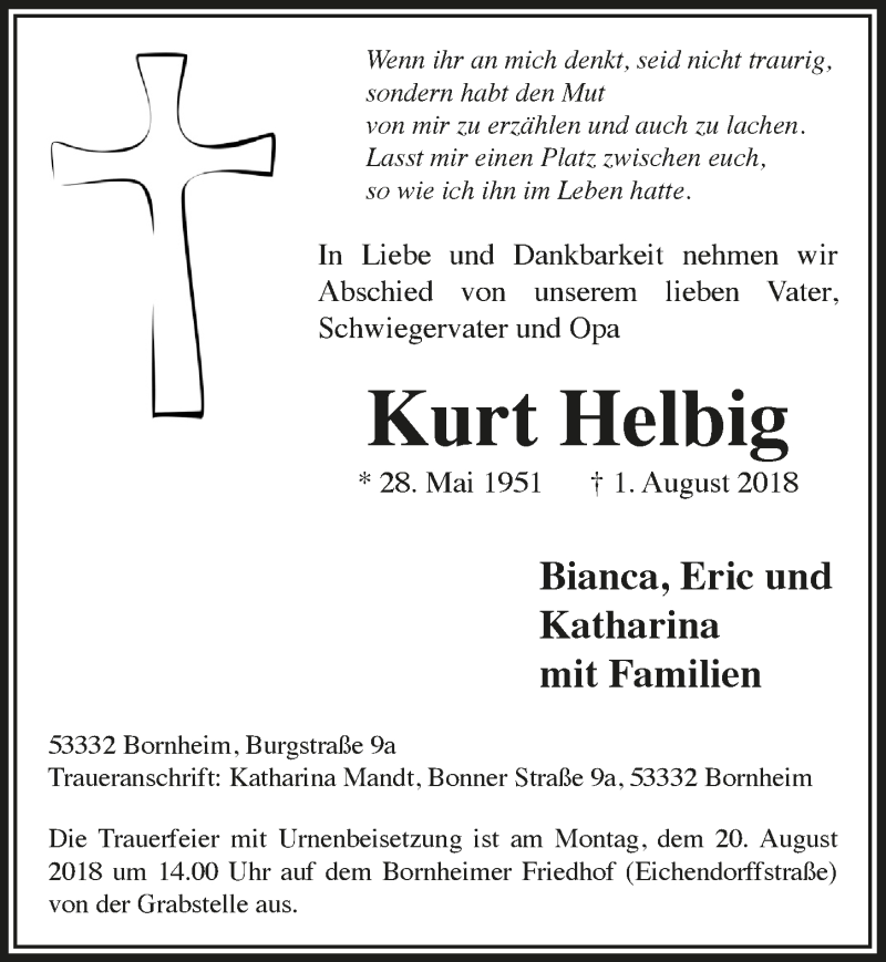  Traueranzeige für Kurt Helbig vom 08.08.2018 aus  Schaufenster/Blickpunkt 