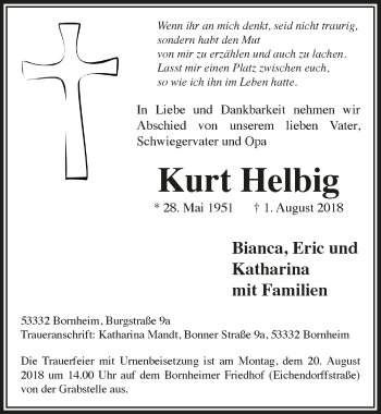 Anzeige von Kurt Helbig von  Schaufenster/Blickpunkt 