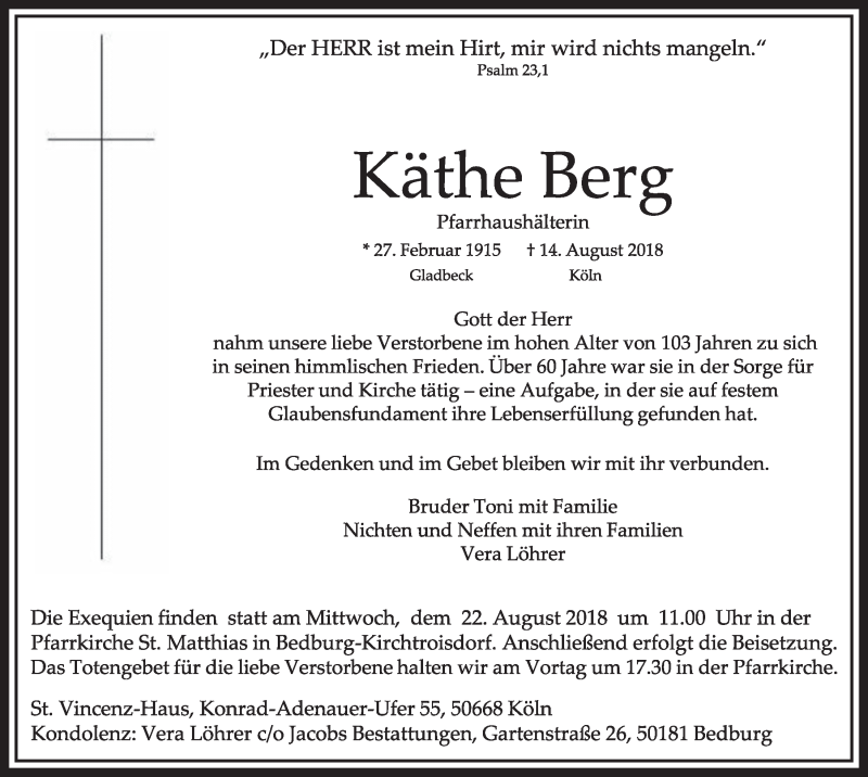  Traueranzeige für Käthe Berg vom 18.08.2018 aus  Sonntags-Post 
