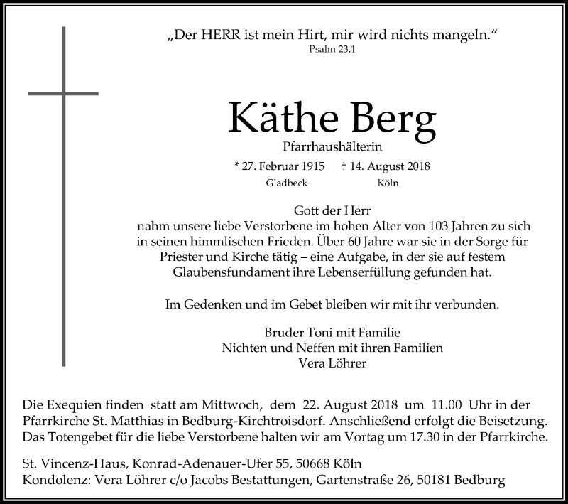  Traueranzeige für Käthe Berg vom 18.08.2018 aus Kölner Stadt-Anzeiger / Kölnische Rundschau / Express
