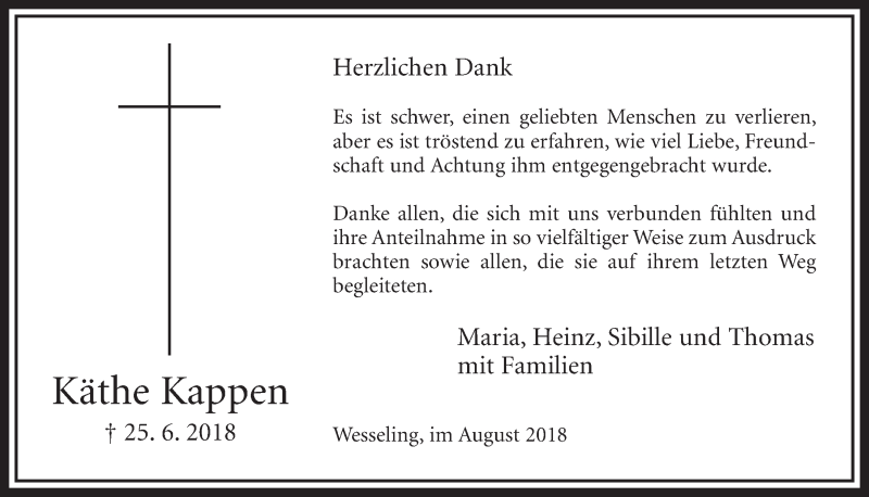 Traueranzeige für Käthe Kappen vom 08.08.2018 aus  Schlossbote/Werbekurier 