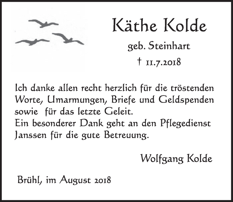  Traueranzeige für Käthe Kolde vom 08.08.2018 aus  Schlossbote/Werbekurier 