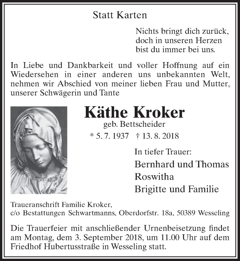  Traueranzeige für Käthe Kroker vom 29.08.2018 aus  Schlossbote/Werbekurier 