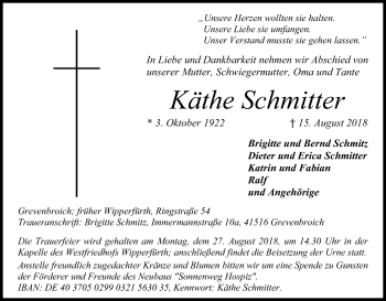 Anzeige von Käthe Schmitter von Kölner Stadt-Anzeiger / Kölnische Rundschau / Express
