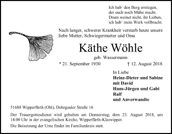 Anzeige von Käthe Wöhle von Kölner Stadt-Anzeiger / Kölnische Rundschau / Express