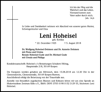Anzeige von Leni Hoheisel von Kölner Stadt-Anzeiger / Kölnische Rundschau / Express