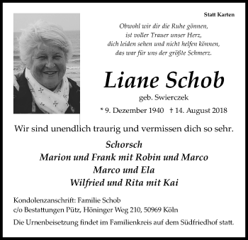 Anzeige von Liane Schob von Kölner Stadt-Anzeiger / Kölnische Rundschau / Express
