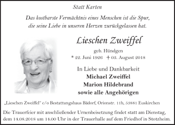 Anzeige von Lieschen Zweiffel von  Blickpunkt Euskirchen 