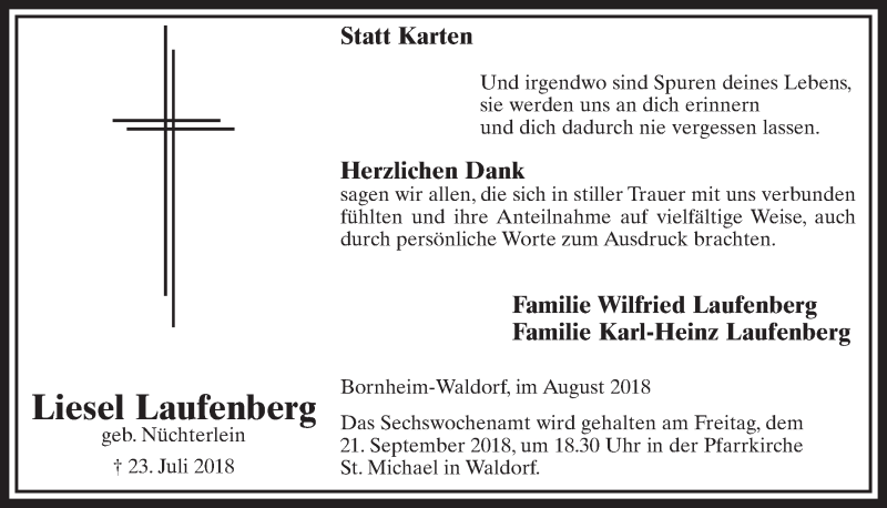  Traueranzeige für Liesel Laufenberg vom 29.08.2018 aus  Schaufenster/Blickpunkt  Schlossbote/Werbekurier 