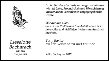 Anzeige von Lieselotte Bacharch von Kölner Stadt-Anzeiger / Kölnische Rundschau / Express