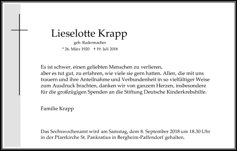  Traueranzeige für Lieselotte Krapp vom 01.09.2018 aus Kölner Stadt-Anzeiger / Kölnische Rundschau / Express