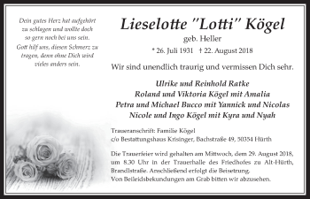 Anzeige von Lieselotte Kögel von  Wochenende 