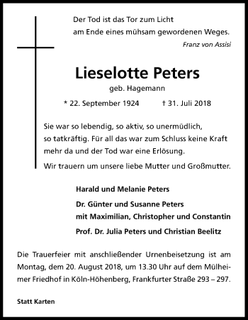 Anzeige von Lieselotte Peters von Kölner Stadt-Anzeiger / Kölnische Rundschau / Express