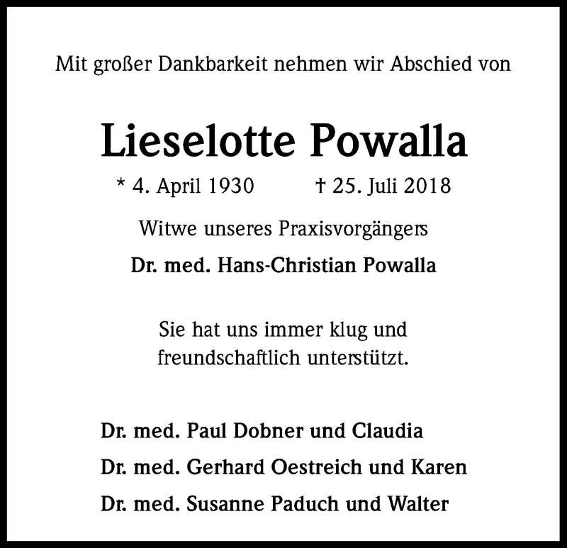  Traueranzeige für Lieselotte Powalla vom 22.08.2018 aus Kölner Stadt-Anzeiger / Kölnische Rundschau / Express