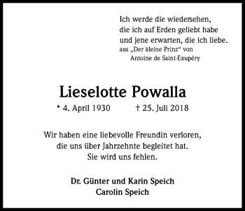 Anzeige von Lieselotte Powalla von Kölner Stadt-Anzeiger / Kölnische Rundschau / Express