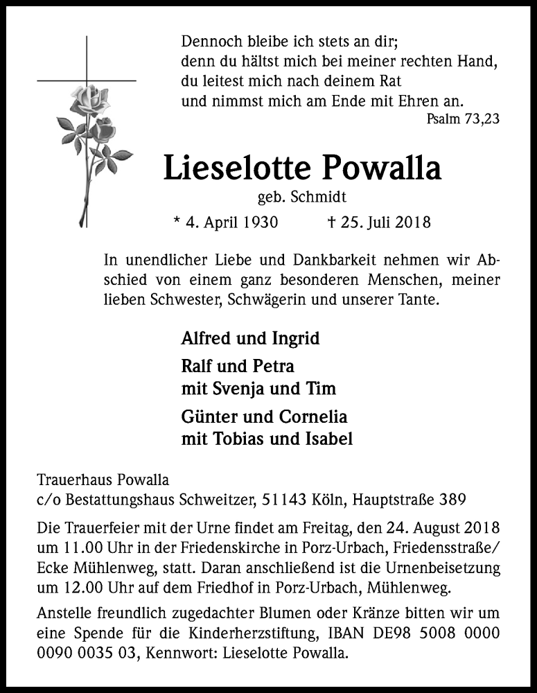  Traueranzeige für Lieselotte Powalla vom 18.08.2018 aus Kölner Stadt-Anzeiger / Kölnische Rundschau / Express