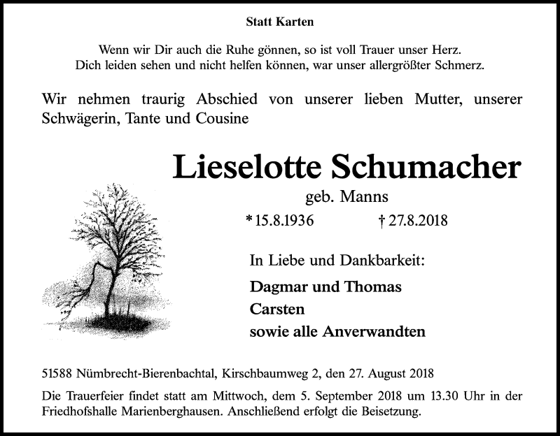  Traueranzeige für Lieselotte Schumacher vom 01.09.2018 aus Kölner Stadt-Anzeiger / Kölnische Rundschau / Express