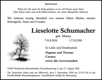 Anzeige von Lieselotte Schumacher von  Lokalanzeiger 