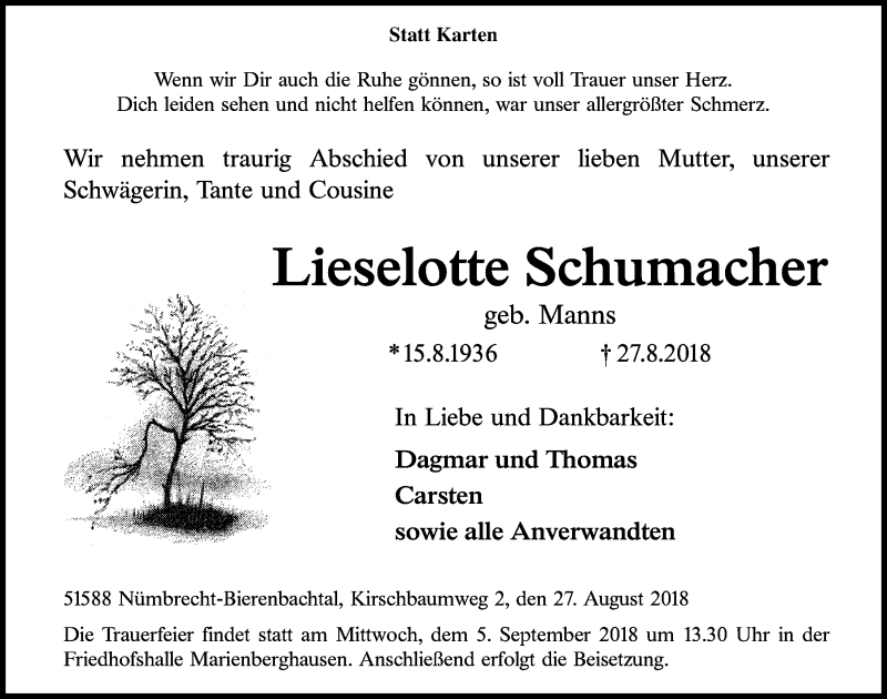  Traueranzeige für Lieselotte Schumacher vom 29.08.2018 aus  Lokalanzeiger 