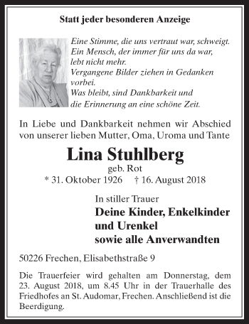 Anzeige von Lina Stuhlberg von  Wochenende 