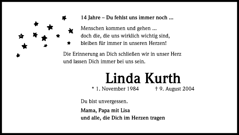  Traueranzeige für Linda Kurth vom 09.08.2018 aus Kölner Stadt-Anzeiger / Kölnische Rundschau / Express