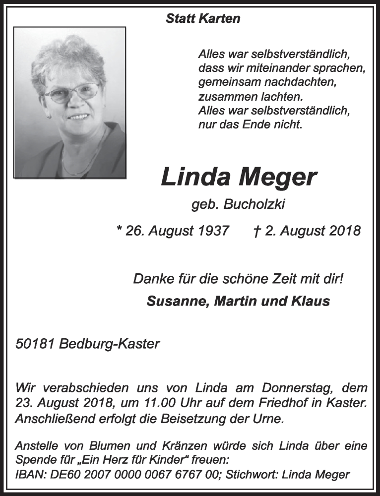  Traueranzeige für Linda Meger vom 18.08.2018 aus  Sonntags-Post 