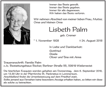 Anzeige von Lisbeth Palm von  Blickpunkt Euskirchen 