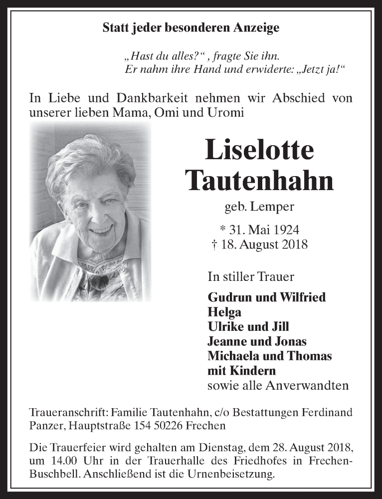  Traueranzeige für Liselotte Tautenhahn vom 22.08.2018 aus  Wochenende 