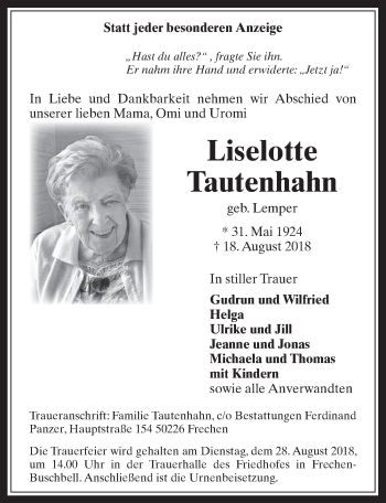 Anzeige von Liselotte Tautenhahn von  Wochenende 