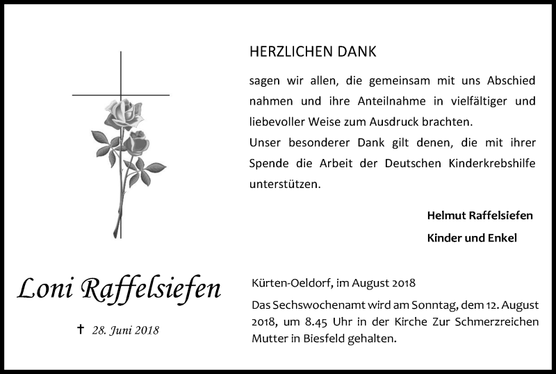  Traueranzeige für Loni Raffelsiefen vom 04.08.2018 aus Kölner Stadt-Anzeiger / Kölnische Rundschau / Express
