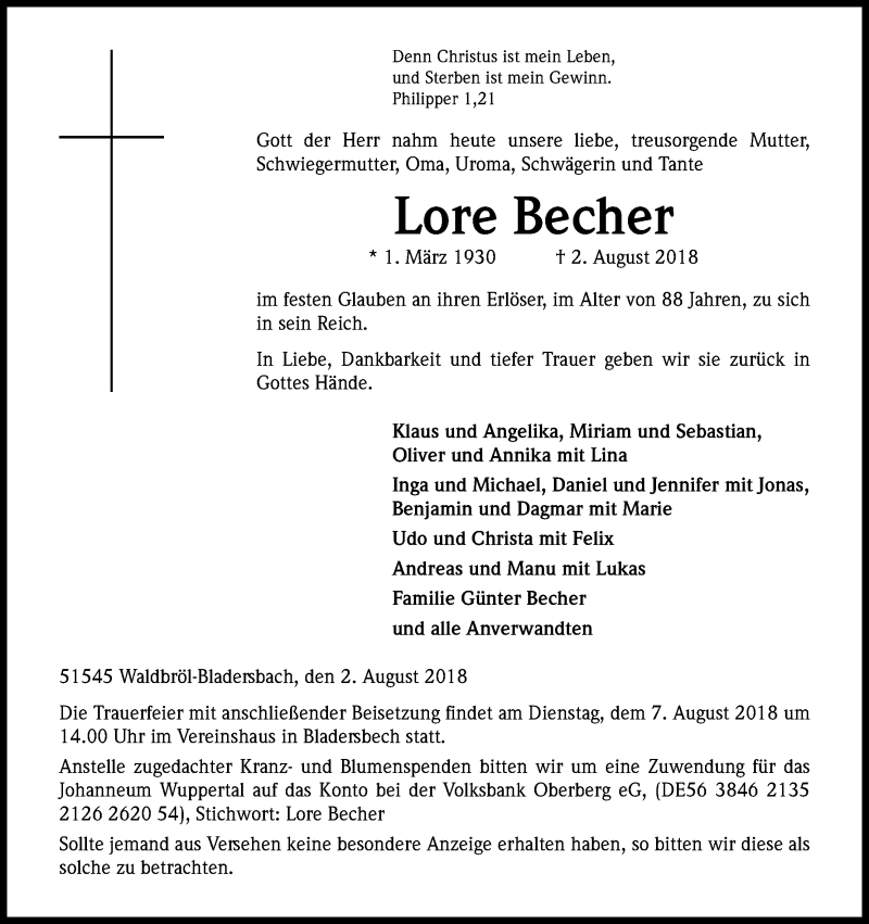  Traueranzeige für Lore Becher vom 04.08.2018 aus Kölner Stadt-Anzeiger / Kölnische Rundschau / Express