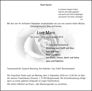 Anzeige von Lore Marx von Kölner Stadt-Anzeiger / Kölnische Rundschau / Express