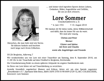 Anzeige von Lore Sommer von Kölner Stadt-Anzeiger / Kölnische Rundschau / Express