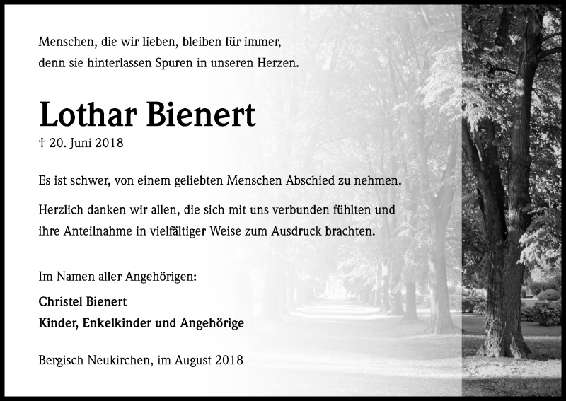  Traueranzeige für Lothar Bienert vom 04.08.2018 aus Kölner Stadt-Anzeiger / Kölnische Rundschau / Express