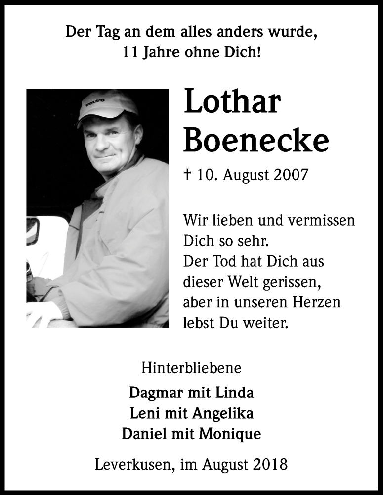  Traueranzeige für Lothar Boenecke vom 10.08.2018 aus Kölner Stadt-Anzeiger / Kölnische Rundschau / Express