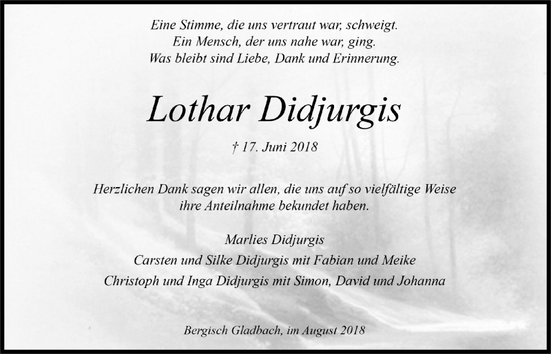  Traueranzeige für Lothar Didjurgis vom 11.08.2018 aus  Bergisches Sonntagsblatt 