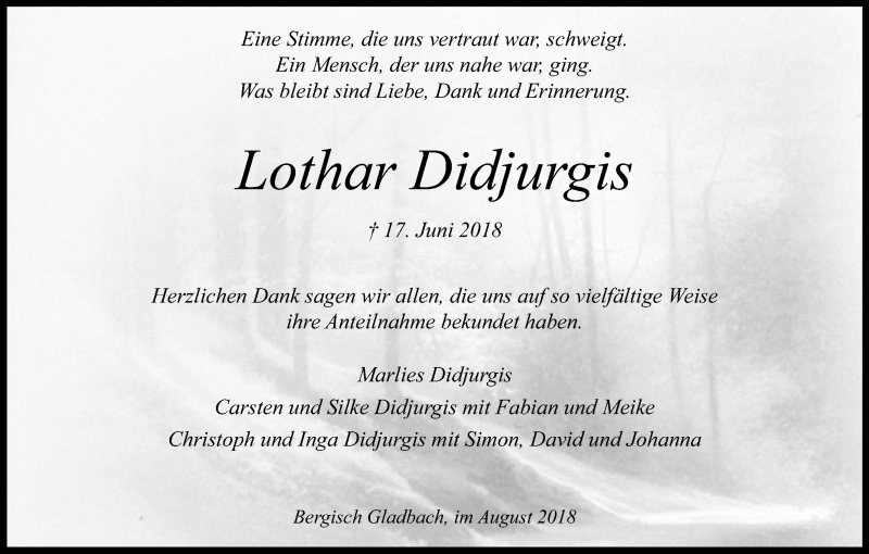  Traueranzeige für Lothar Didjurgis vom 11.08.2018 aus Kölner Stadt-Anzeiger / Kölnische Rundschau / Express