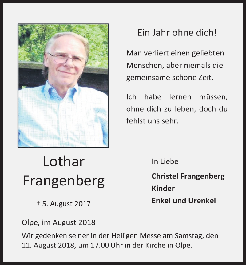  Traueranzeige für Lothar Frangenberg vom 08.08.2018 aus Kölner Stadt-Anzeiger / Kölnische Rundschau / Express