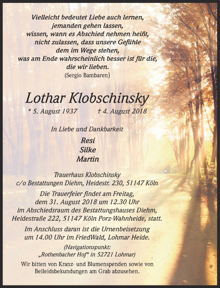  Traueranzeige für Lothar Klobschinsky vom 29.08.2018 aus  Kölner Wochenspiegel 