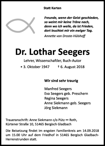 Anzeige von Lothar Seegers von Kölner Stadt-Anzeiger / Kölnische Rundschau / Express