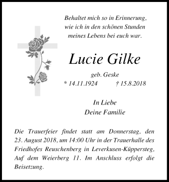 Anzeige von Lucie Gilke von Kölner Stadt-Anzeiger / Kölnische Rundschau / Express