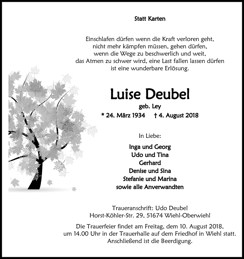  Traueranzeige für Luise Deubel vom 08.08.2018 aus Kölner Stadt-Anzeiger / Kölnische Rundschau / Express