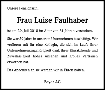 Anzeige von Luise Faulhaber von Kölner Stadt-Anzeiger / Kölnische Rundschau / Express