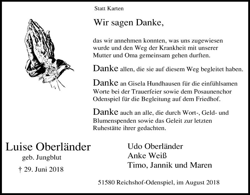  Traueranzeige für Luise Oberländer vom 11.08.2018 aus Kölner Stadt-Anzeiger / Kölnische Rundschau / Express