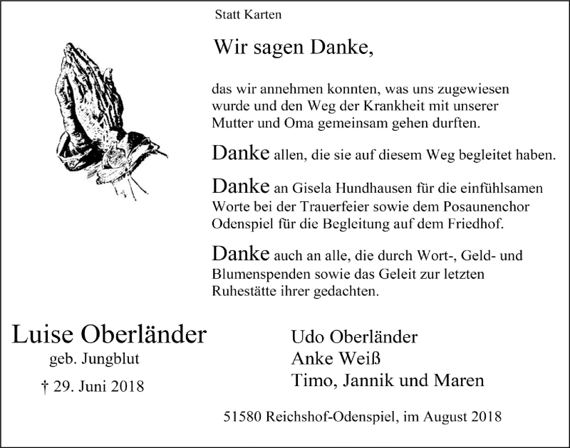  Traueranzeige für Luise Oberländer vom 08.08.2018 aus  Lokalanzeiger 