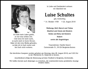 Anzeige von Luise Schultes von Kölner Stadt-Anzeiger / Kölnische Rundschau / Express