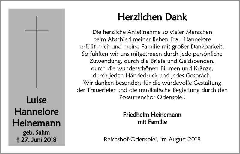  Traueranzeige für Luise Hannelore Heinemann vom 22.08.2018 aus  Lokalanzeiger 