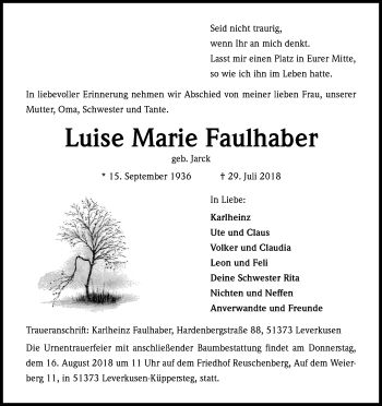 Anzeige von Luise Marie Faulhaber von Kölner Stadt-Anzeiger / Kölnische Rundschau / Express